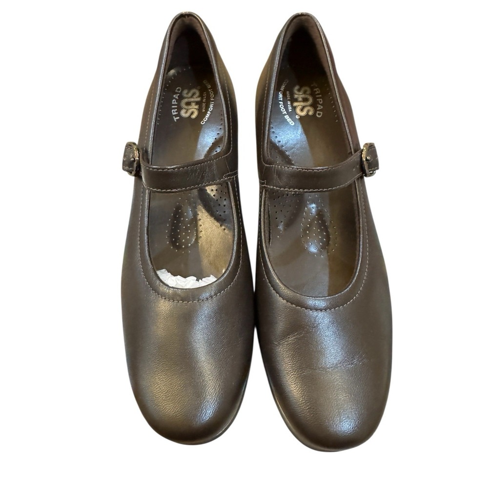 SAS Dark Brown Leather Mary Jane Flats with Buckle